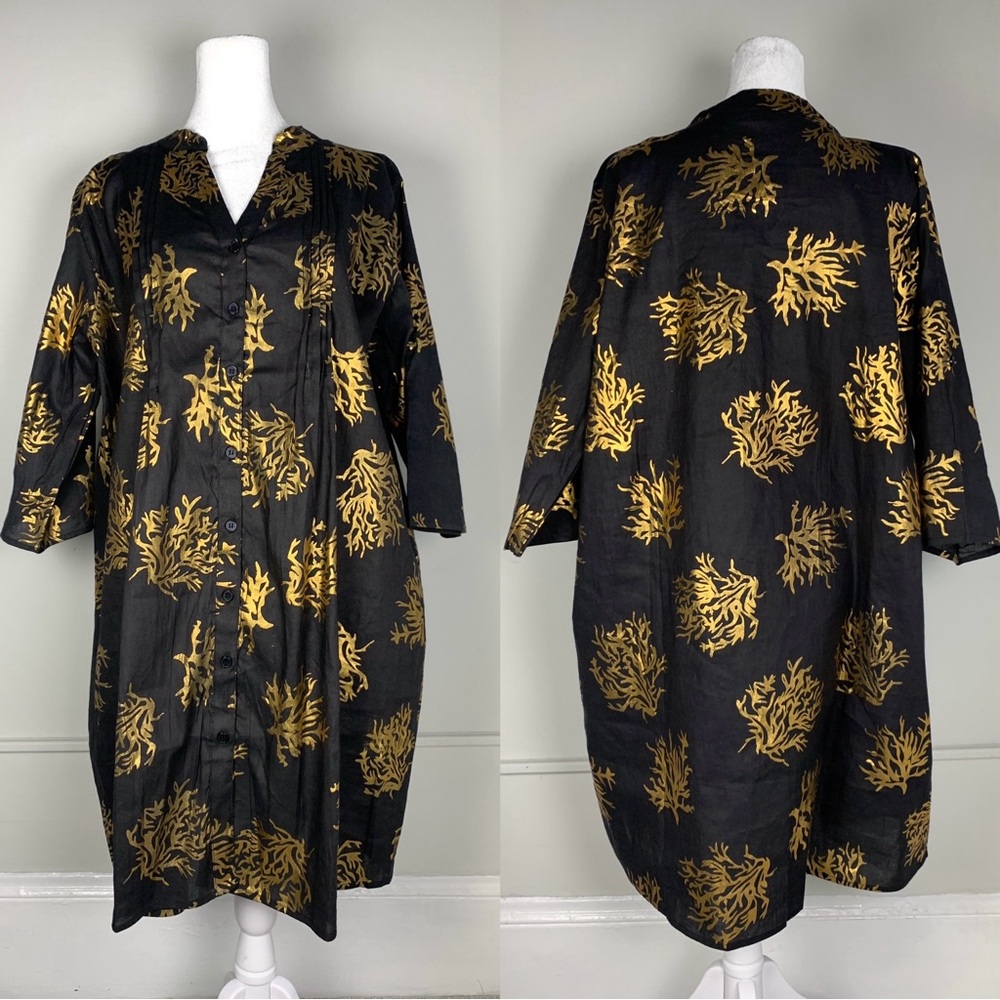 NWT Gold Coral Black Tunic Shift Shirt Dress, OSFM Pintuck